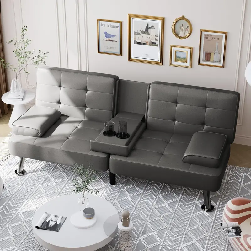 Shahoo Folding Futon Sofa Bed – Modern Faux Leather Convertible Living Room Couch