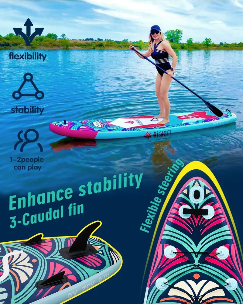 Wide-Deck Inflatable SUP Board Bundle – Includes Carry Bag, Hand Pump, Waterproof Dry Bag & Adjustable Paddle