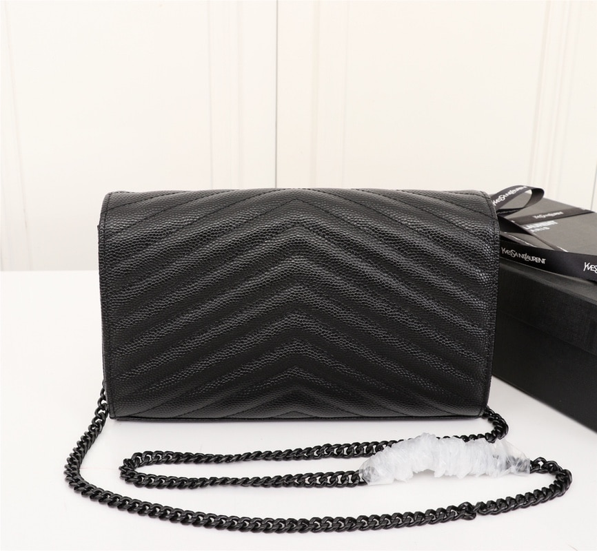 Saint Laurent Cassandre Matelasse Chain Wallet In Grain De Poudre Embossed Black Noir 22Cm