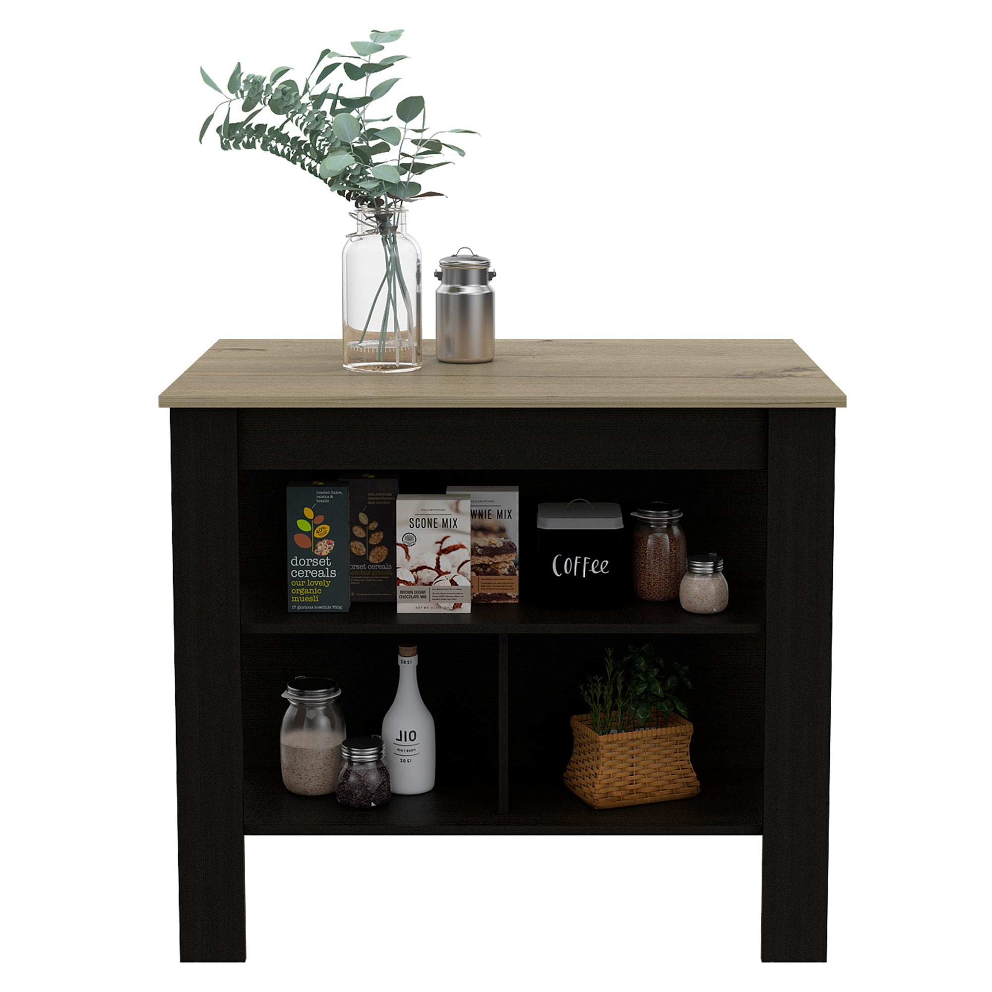 Boahaus Le Havre Black Painted Kitchen Island, Wood Tabletop