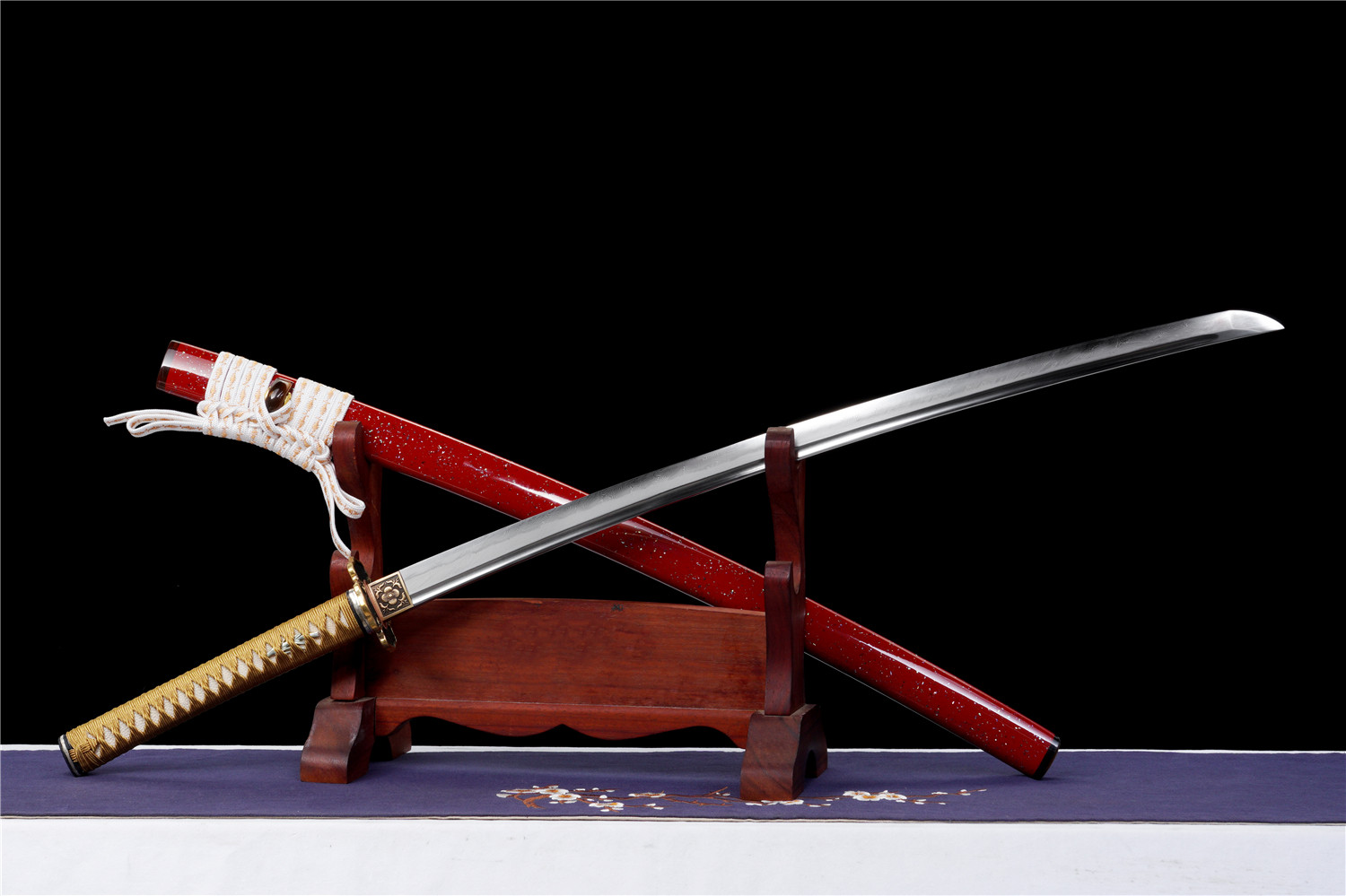 Hanaai Katana Hand Forged Damascus Feather Pattern Clay Tempered Full Tang Samurai Sword