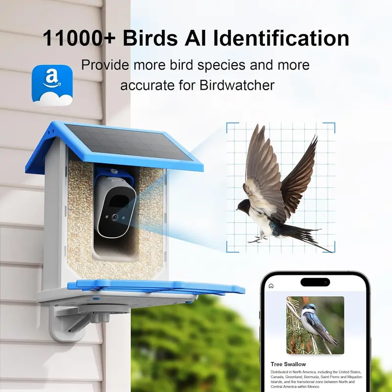 Solar-Powered Bird Feeder Camera – 4MP 2.5K AI Bird Identifier, Wireless Design with 64GB TF Card & Motion-Triggered Video Alerts