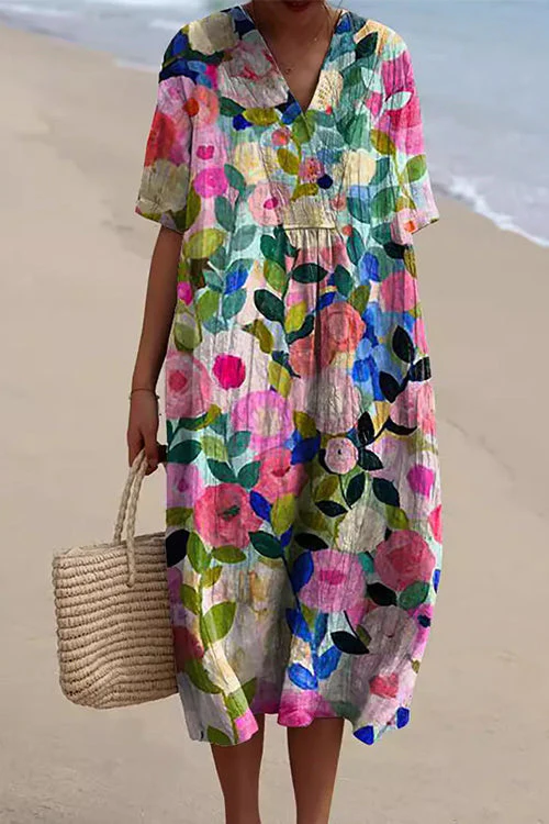 Floral Midi Dress: V-Neck Short Sleeve A-LineClistos