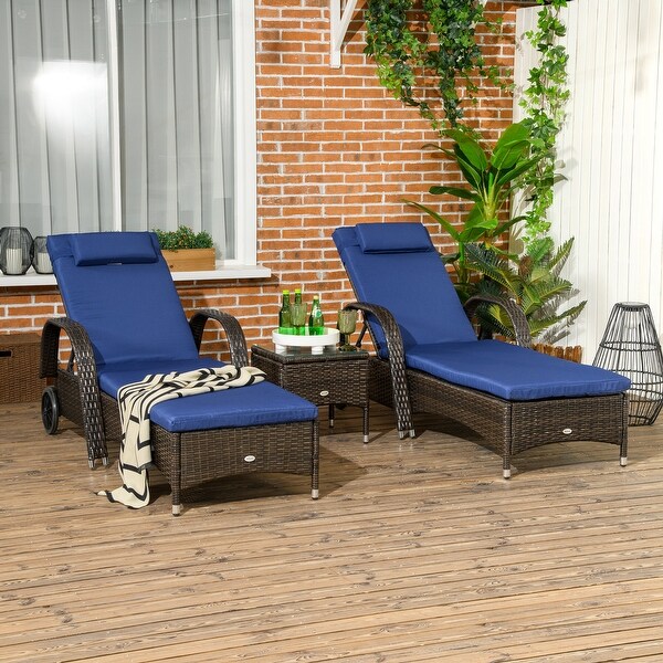 Outsunny Wicker Outdoor Chaise Lounge Set of 2 with Table,5Level Adjustable Backrest PE Rattan Pool Lounge Chair with Wheels