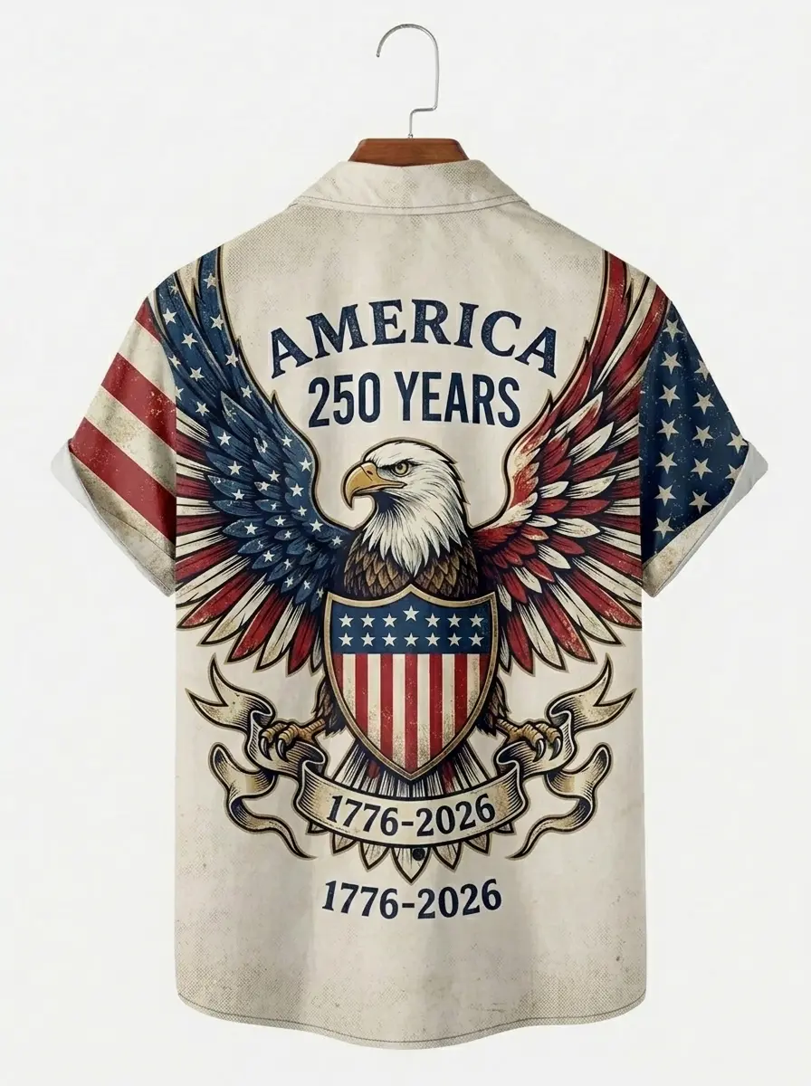Men's printed shirts, Distressed America 250 Years Bald Eagle Patriotic Aloha Shirt