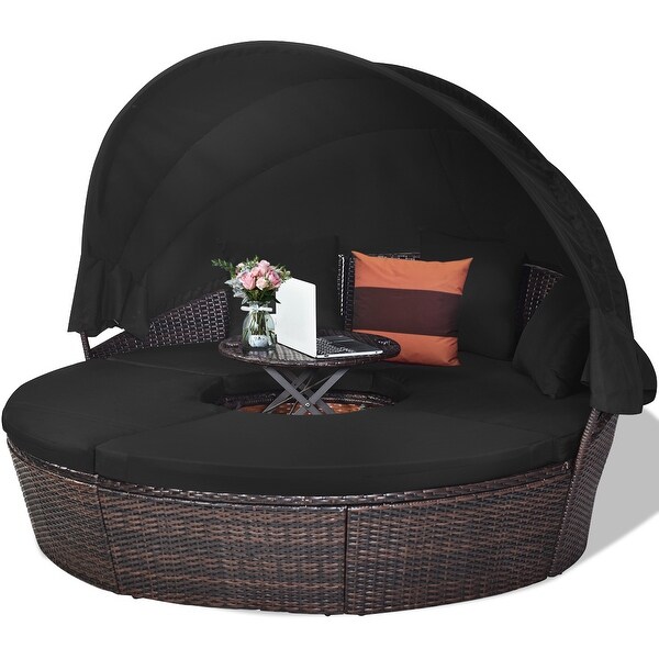 Costway Patio Rattan Daybed Cushioned Sofa Adjustable Table Top Canopy