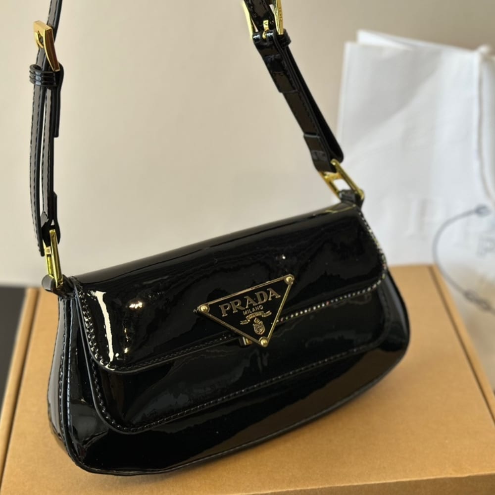 Prada Cleo Bag In Brushed Leather With Triangle Logo Black 24Cm