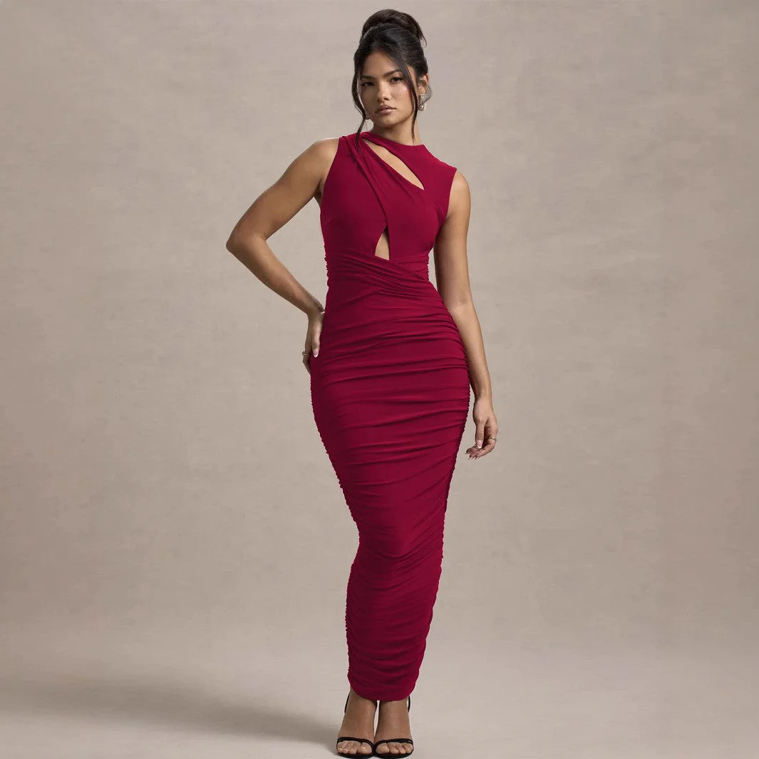Asymmetrical Neckline Ruched Maxi DressClistos