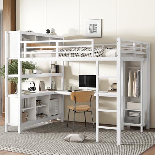 Harper & Bright Designs Full Loft Bed with Desk, Metal Loft Beds with Storage Shelves, Desk, and Wardrobe, Heavy-Duty Loft Bed Frame for Kids, Teens, Adults, Space-Saving and Noise-Free Design, Black