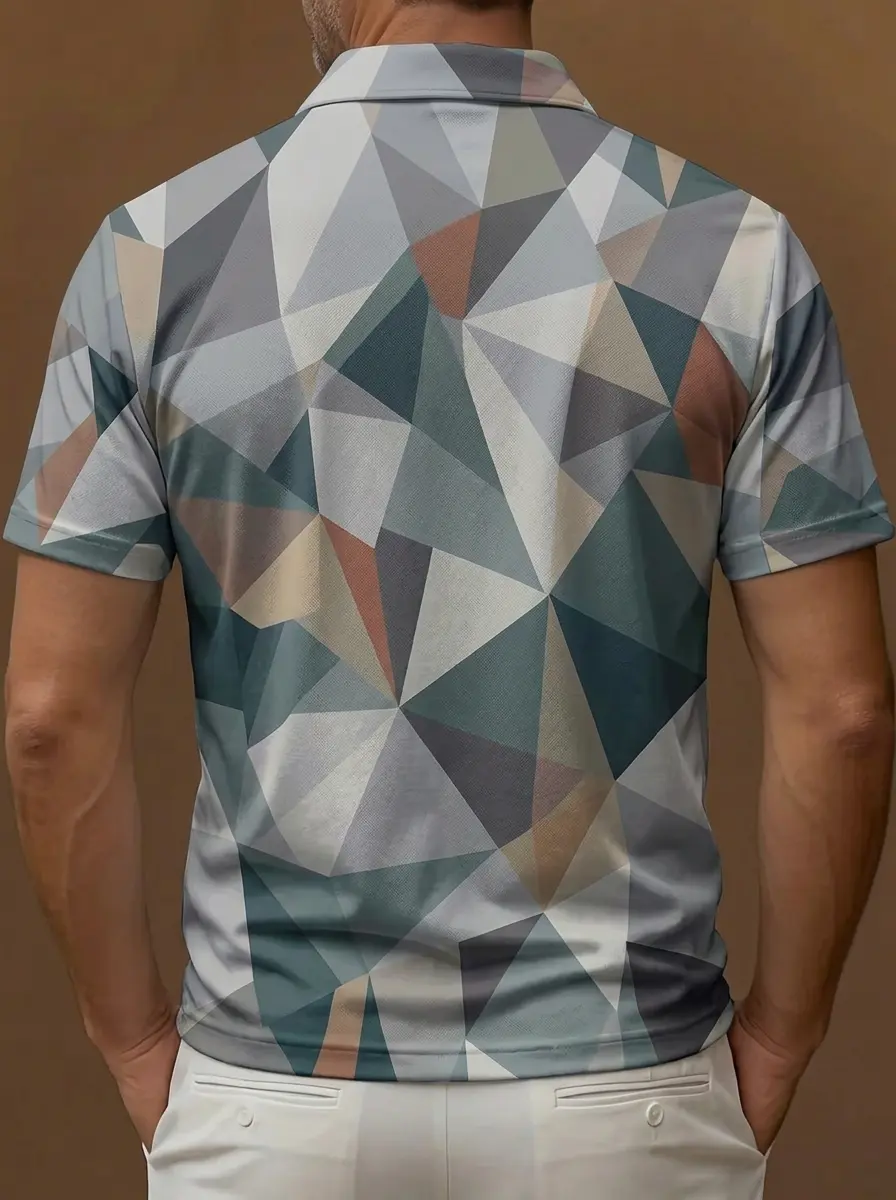 Grey Teal Geometric Triangle Print Short Sleeve Golf Polo Shirt