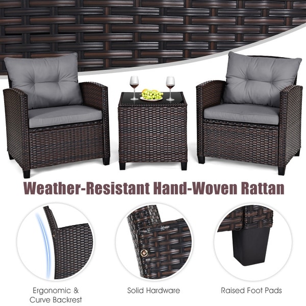 3 Pieces Rattan Patio Furniture Set with Washable Cushion