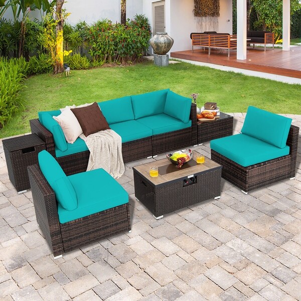 Costway 8PCS Patio Rattan Furniture Set Fire Pit Table Tank Holder