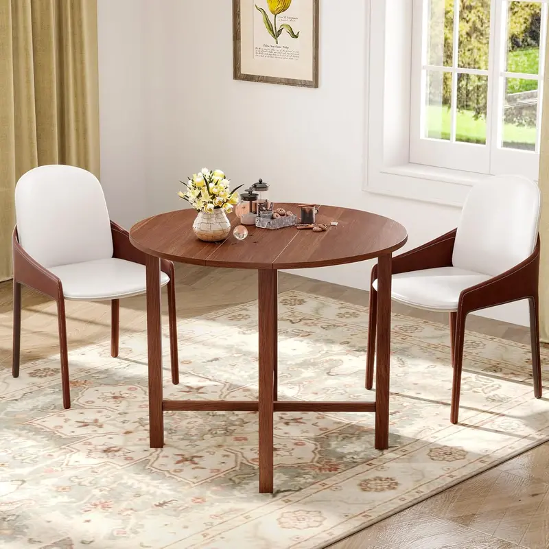 Walnut Round Drop-Leaf Dining Table – 36-Inch Extendable Farmhouse Table with Solid Wood Legs, Seats 2–4 in Small Spaces