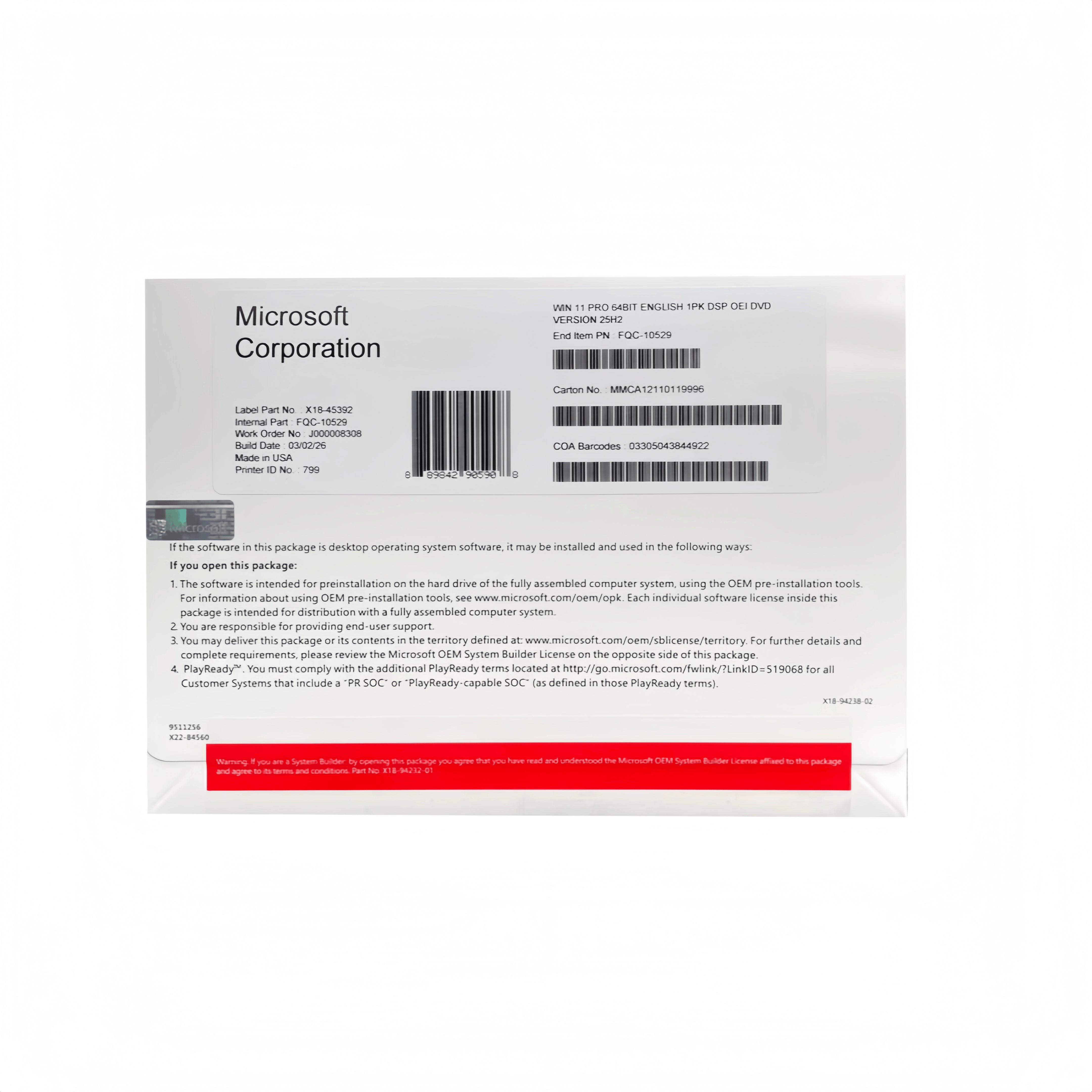 Windows 11 Pro 64 Bit Eng Intl 1pk DSP OEI DVD