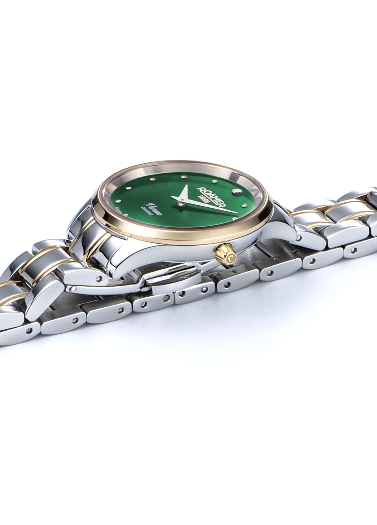 Venus Diamond 30mm Quartz Two-Hand Green Mop W/Gp Indexes, 1Pc 1.2Mm Dia Dial  Two-Tone Bracelet Sapphire glass Stainless Steel swiss watch