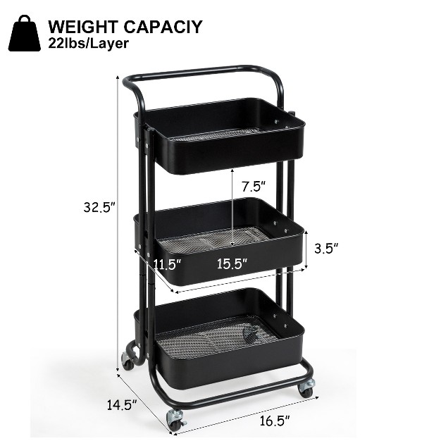 32 5 x27 x27 3 tier Metal Rolling Storage Cart Trolley Kitchen 2 Brakes W handle Black
