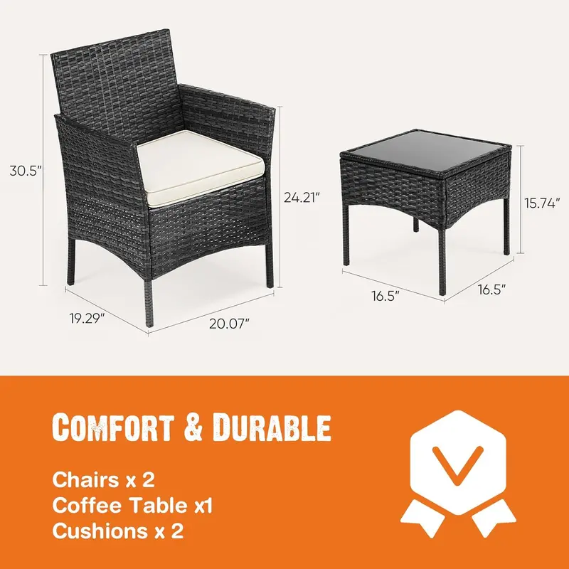 Sweetcripy 3-Piece All-Weather Patio Set – Woven Rattan Chairs with Cushions and Tempered Glass Table