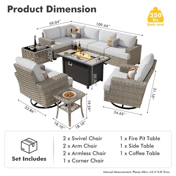 OVIOS 10 Pieces T shaped Seat Wide Armrest Swivel Chair Set With SolarPowered TableandFire Pit