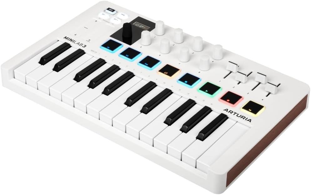 Universal MIDI Controller for Music Production, with All-in-One Software Package – 25 Keys, 8 Multi-Color Pads – White