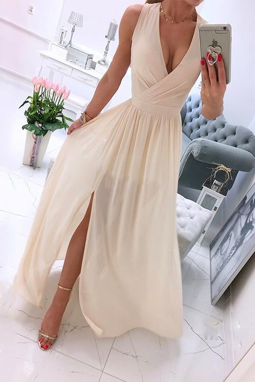 Deep V Slit Ruched Waist Maxi DressClistos