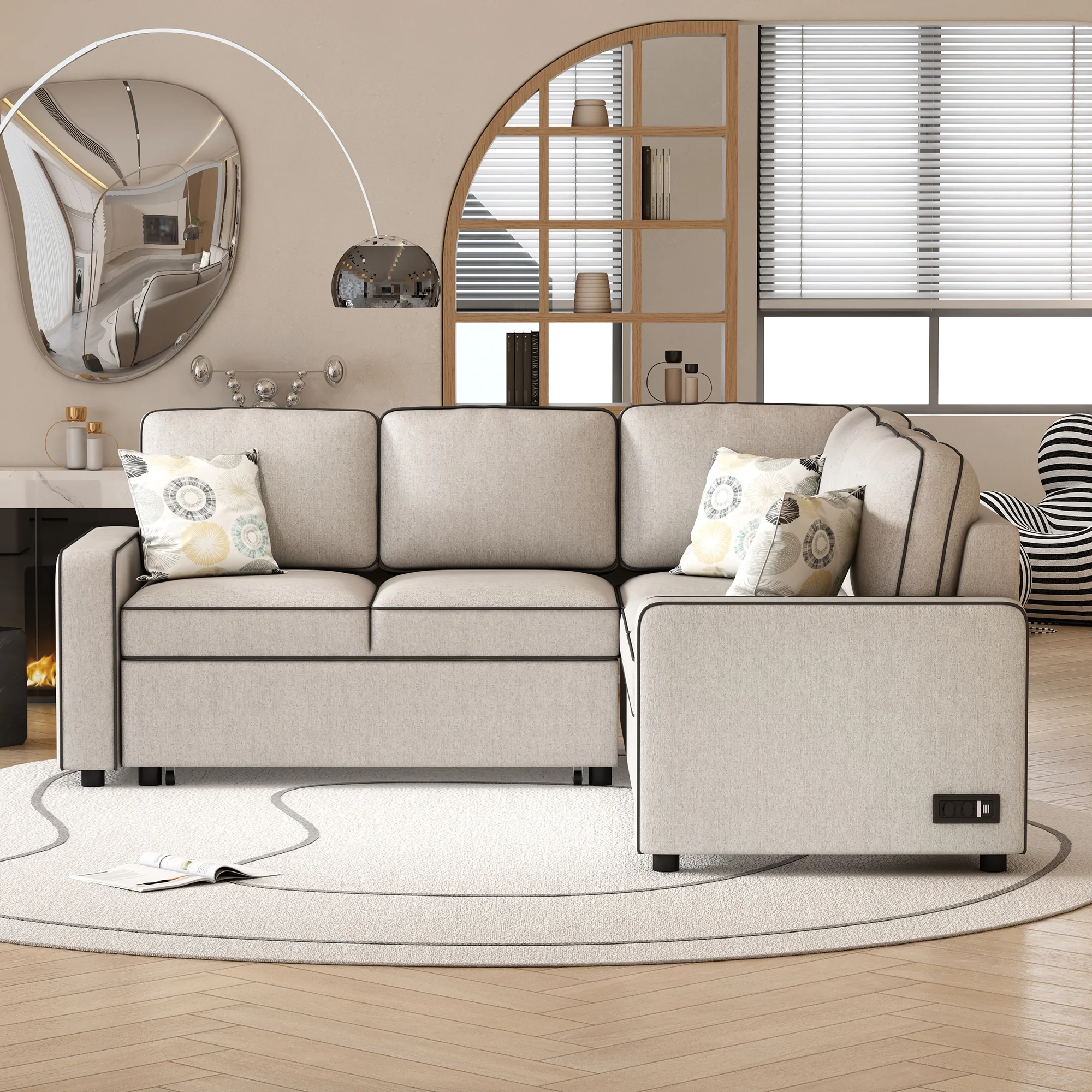 Euroco 5 Seat Pull Out Sofa Bed L-Shaped Sofa with 2 USB Ports, Sockets, Pillows, 83