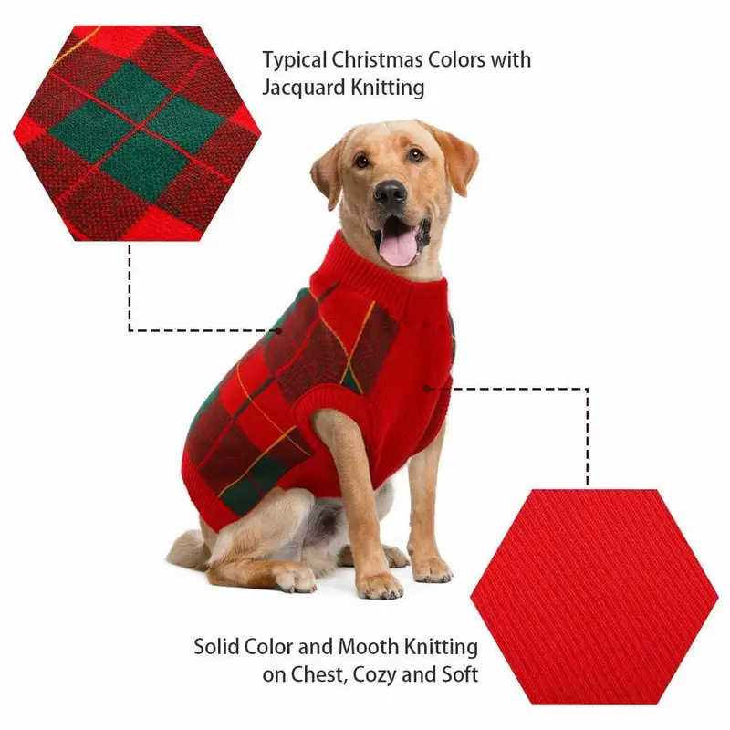 ROZKITCH Classic Plaid Dog Sweater, Puppy Festival Winter Warm Knit Vest, Pet Apparel Clothes, Red Green Plaid Xmas Knitwear Turtleneck Sweatshirts for Dogs Cats