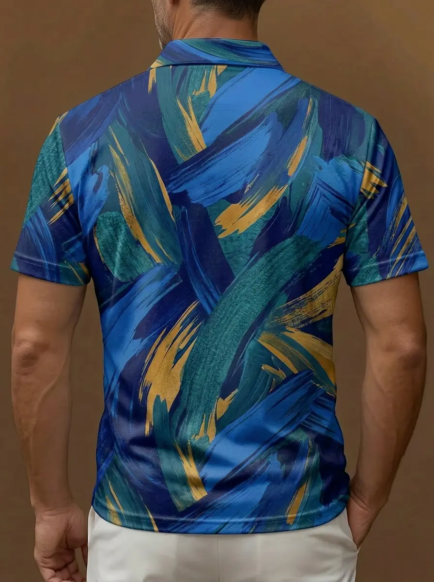 Blue Teal Gold Brushstroke Abstract Print Short Sleeve Golf Polo Shirt
