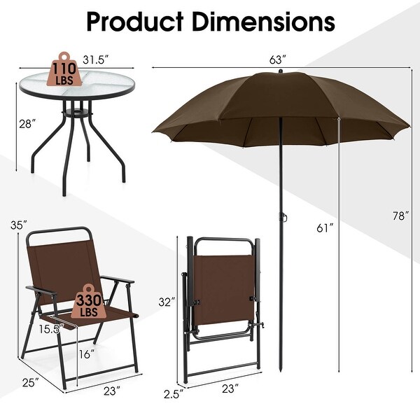 6 PCS Patio Garden Dining Set Folding Chairs Glass Table Umbrella