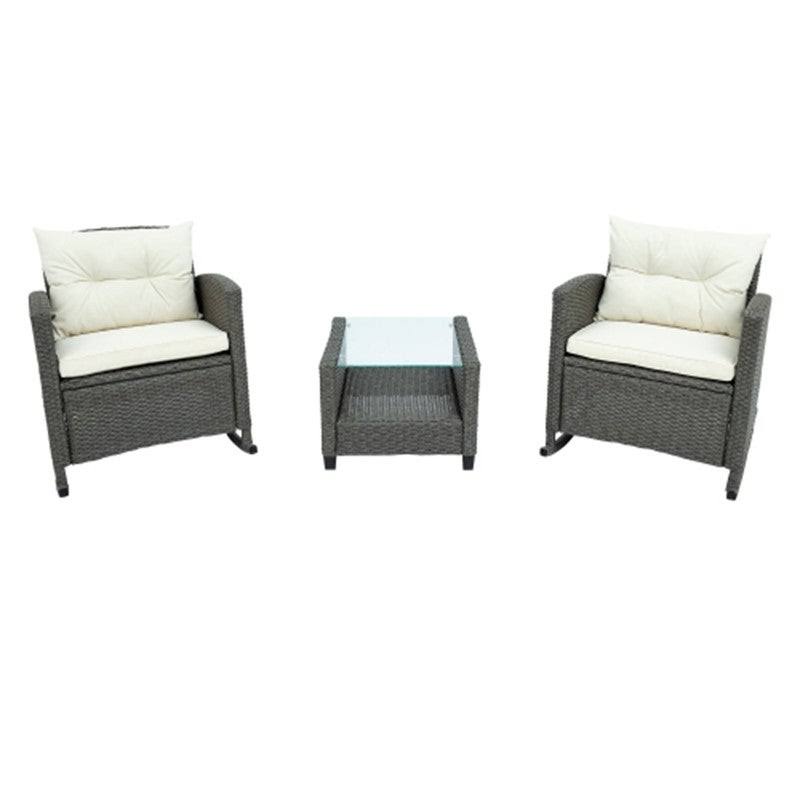 3 Piece Wicker Rattan Set with Rocking Chair,Glass-Top Table Beige