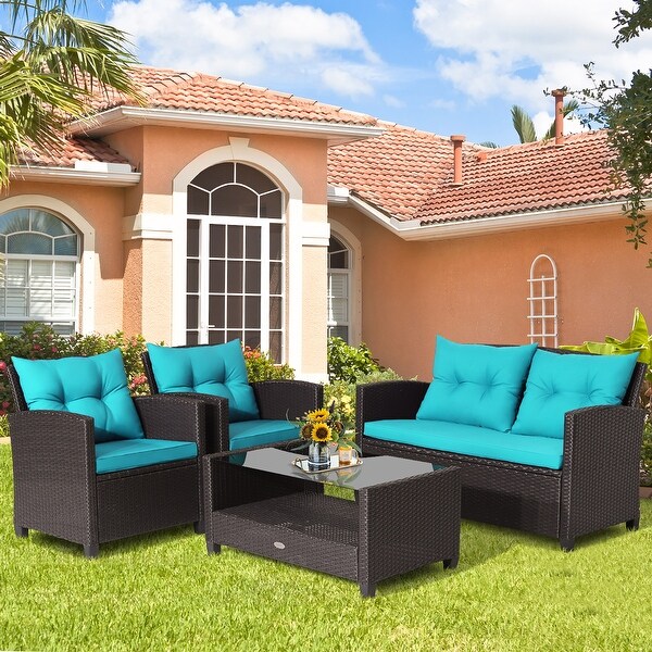 Costway 4 PCS Patio Rattan Furniture Set Glass Table Shelf Sofa