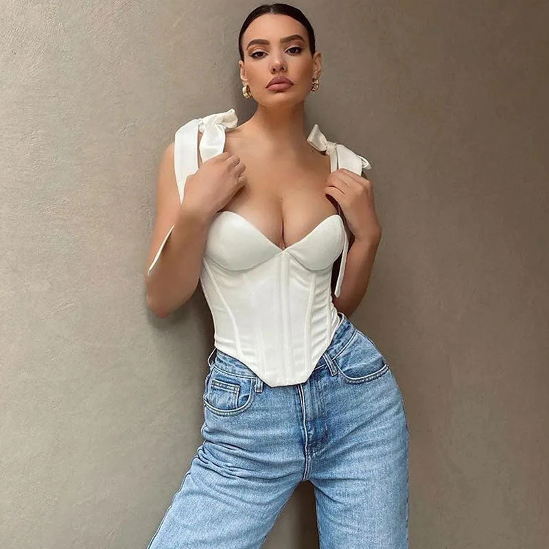 Satin Corset Crop Top with Tie StrapsClistos