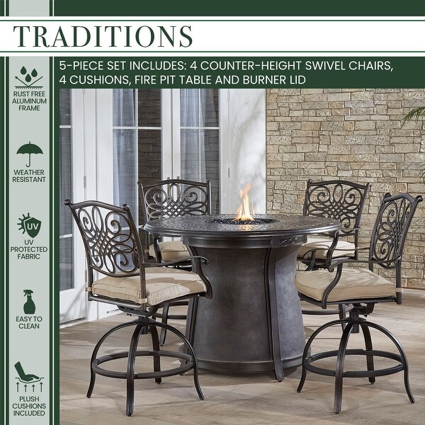 Hanover Traditions 5Piece HighDining Set with 4 Swivel Chairs and a 40,000 BTU Casttop Fire Pit Table