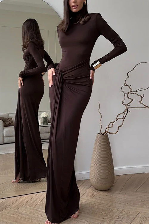 Turtleneck Ruched Maxi Dress with High SlitClistos