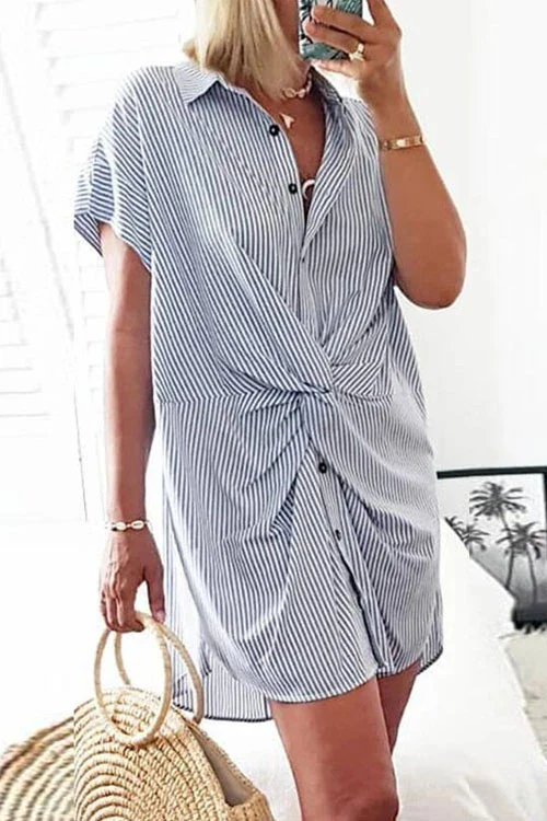 Striped Twist Knot Shirt DressClistos