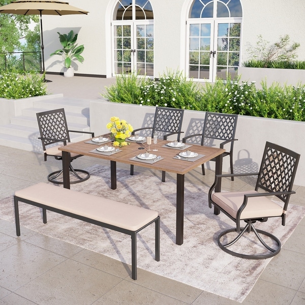 MAISON ARTS Patio Dining Set 6 Pieces with 1 Rectangle Teak Color Table,2 Swivel Chairs,2 Stackable Chairs and 1 Bench