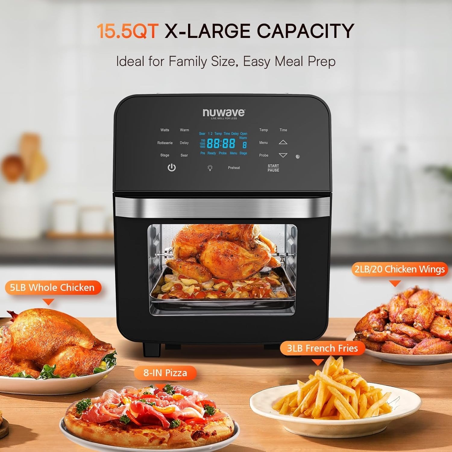 15.5QT 10-in-1 Air Fryer Rotisserie Oven, 360° Hot Air Circulation, 150 Presets, Non-Stick Coating, Black Stainless Steel