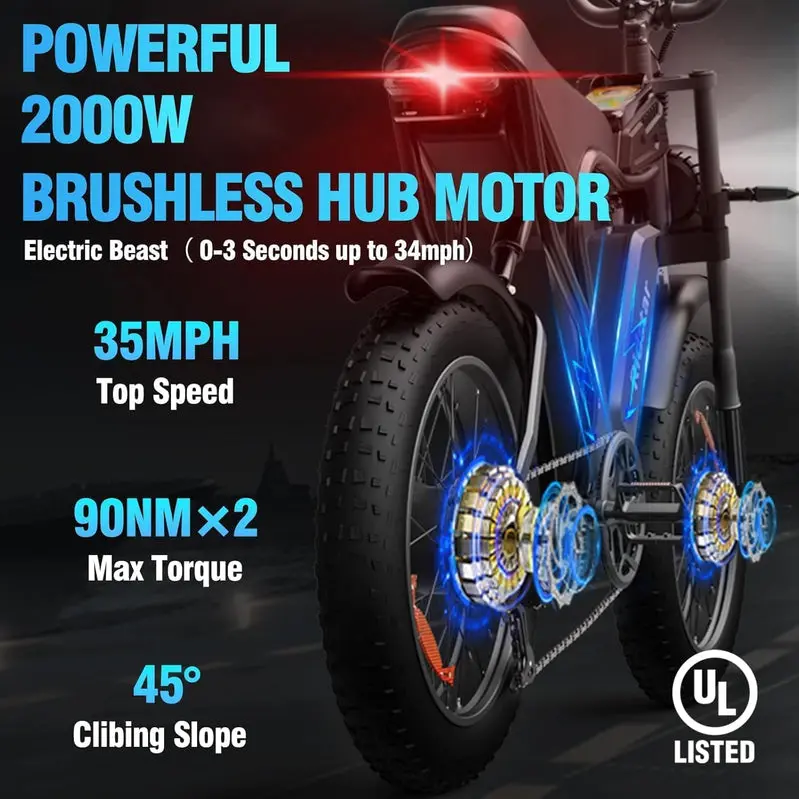 Q20 2000W All-Terrain Fat-Tire Ebike – 52V Battery, 30–180 Mile Range, 20″ Tires, Premium Full-Suspension