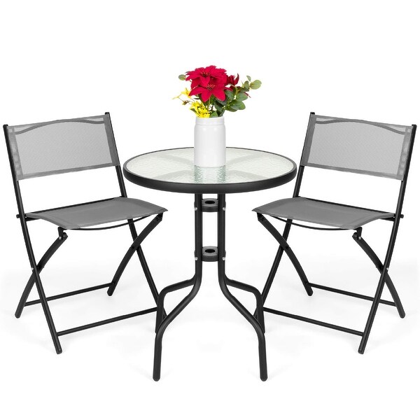 3Piece Patio Bistro Dining Furniture Set w/Textured Glass Tabletop,2 Folding Chairs,Steel Frame,Polyester Fabric