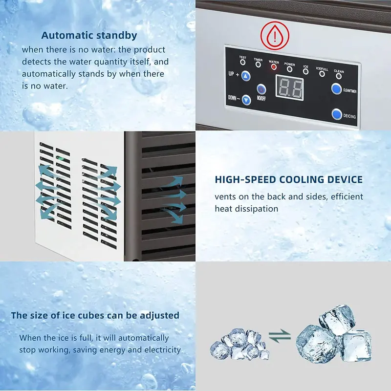 YUTGMasst Commercial Ice Maker — 110 lbs/24H Stainless Steel Freestanding Air-Cooled Ice Machine