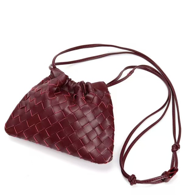 Burgundy Woven Leather Drawstring Crossbody Pouch with Pink Accent Stitching