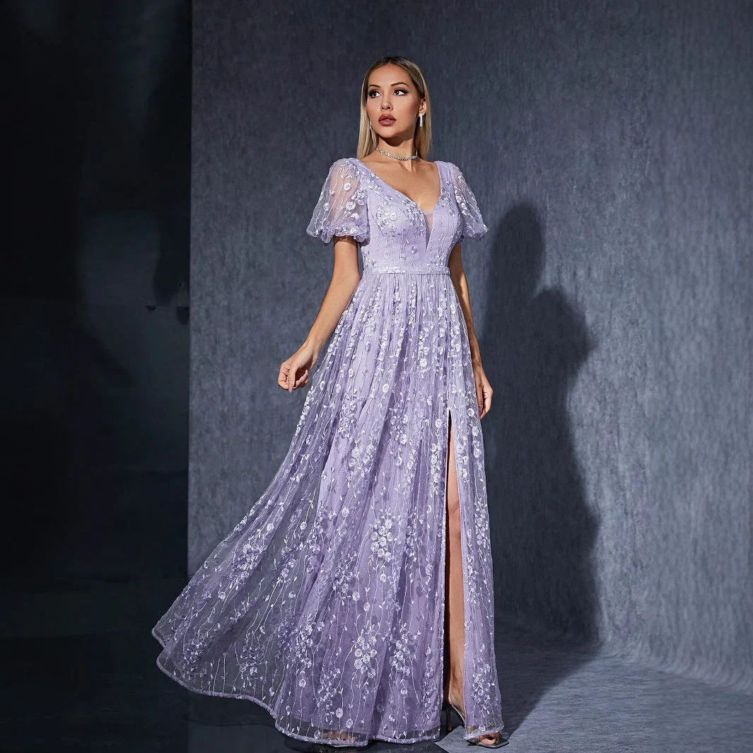 Embroidered Split Maxi Dress | V-Neck Puff Sleeve GownClistos