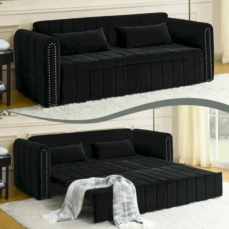 Velvet Lounge Sofa Bed – Modern Convertible Sleeper with Rolled Arms and Decorative Copper Nail Accents