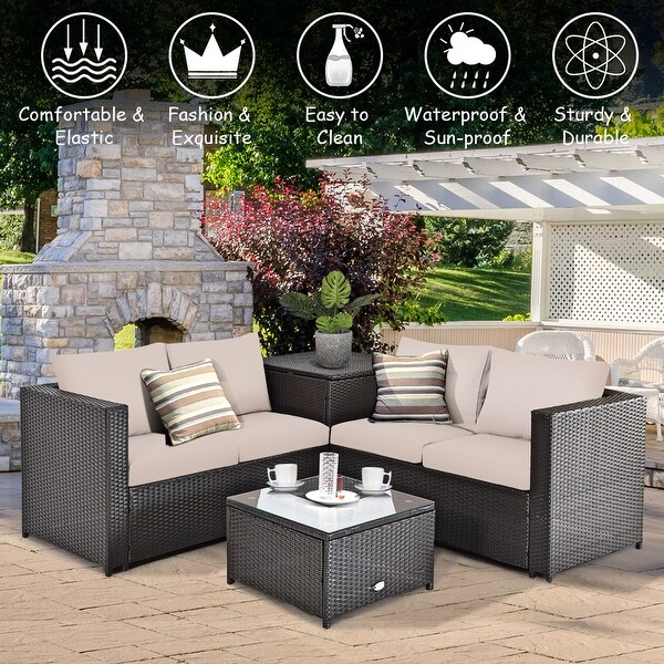 Gymax 8PCS Cushioned Rattan Patio Conversation Set w/ Coffee Table