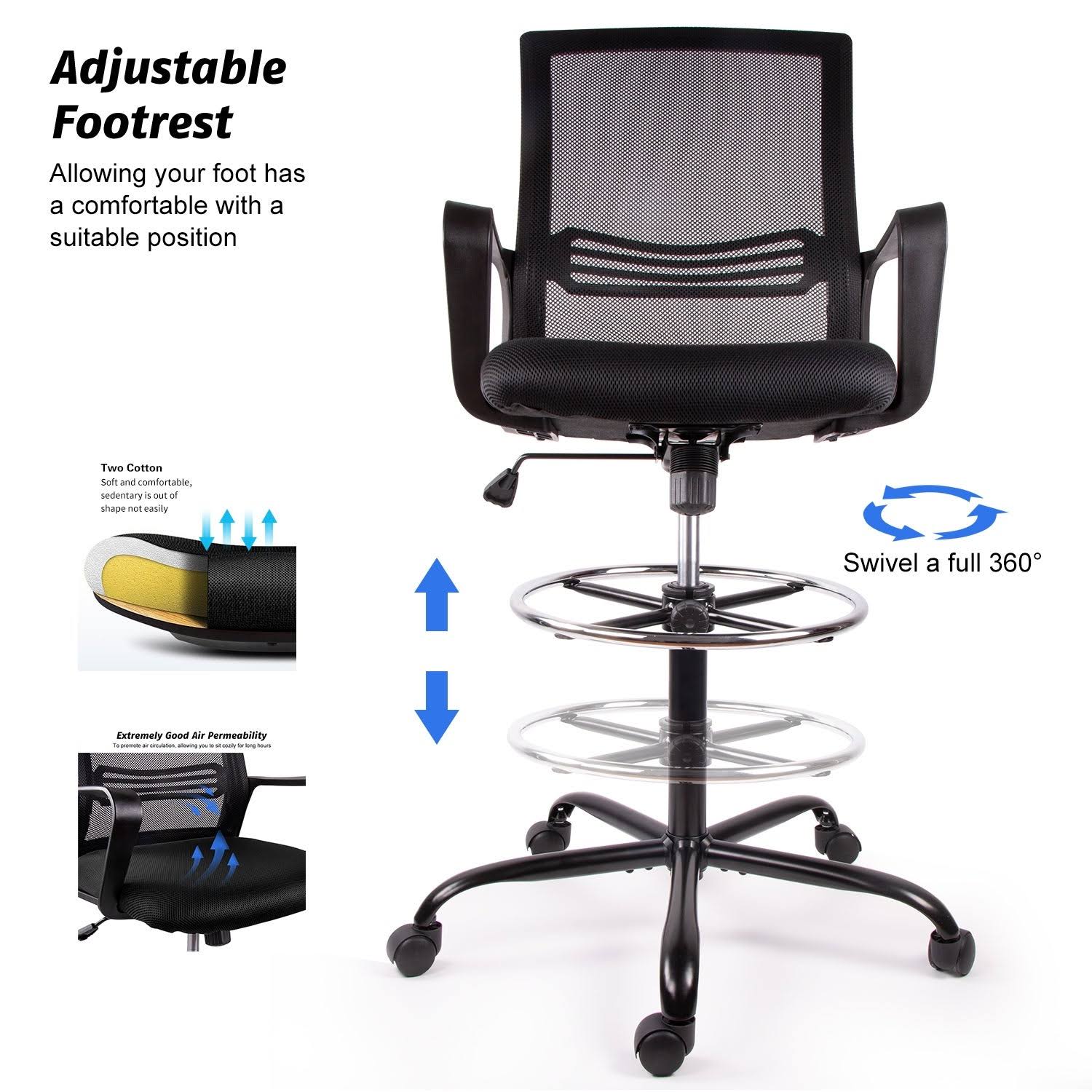Home Office Computer Task Drafting Chair Black Adjustable Height Foot Ring Swivel Stool