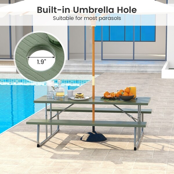 Folding Picnic Table Set with Metal Frame and AllWeather HDPE Tabletop,Umbrella Hole