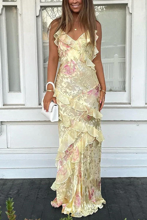 Backless Ruffle Maxi Dress | Elegant Floral PrintClistos