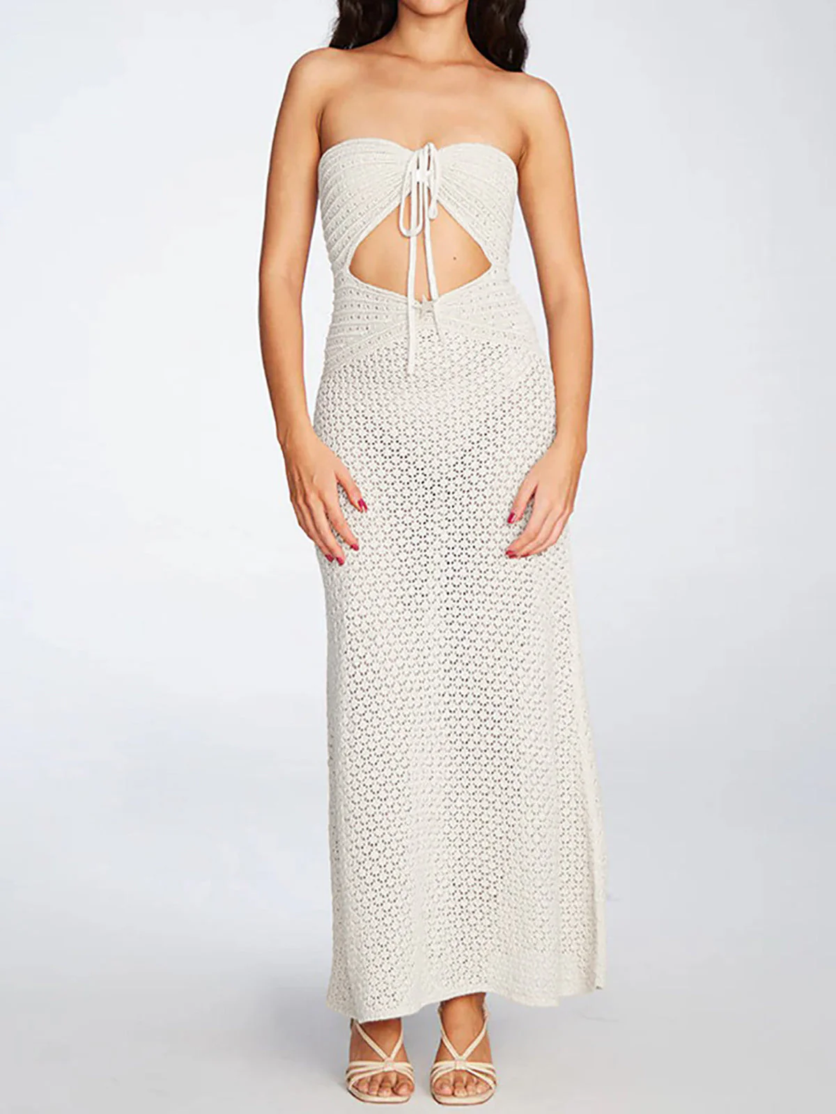 Crochet Maxi Dress with Cutout & Tie FrontClistos