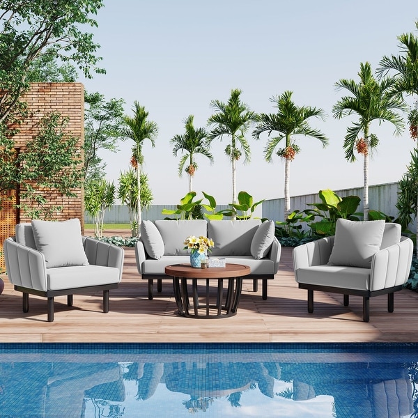 4Piece Iron Frame Outdoor Patio Conversation Set with Cushion for Backyard,Deck,Poolside,Indoor Use