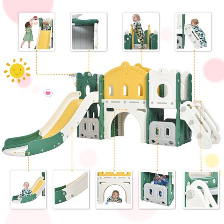CHURANTY Kids Slide Playset Structure Indoor, Castle Climber with Slide and Basketball Hoop, Kids Climbers Playhouse for Outdoor Playground Activity,Toy Storage Organizer for Toddlers
