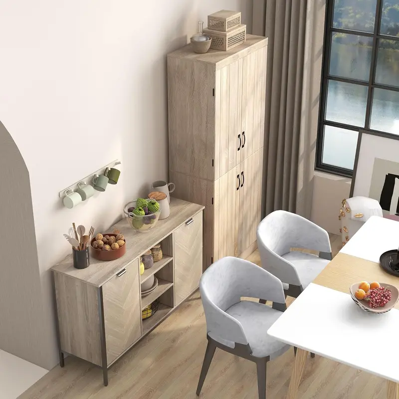 Tall Freestanding Pantry Cabinet – 70.86-Inch Natural Wood Buffet with Adjustable Shelving